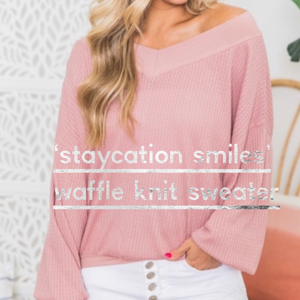 ‘Staycation Smiles’ Waffle Knit Sweater In Pink